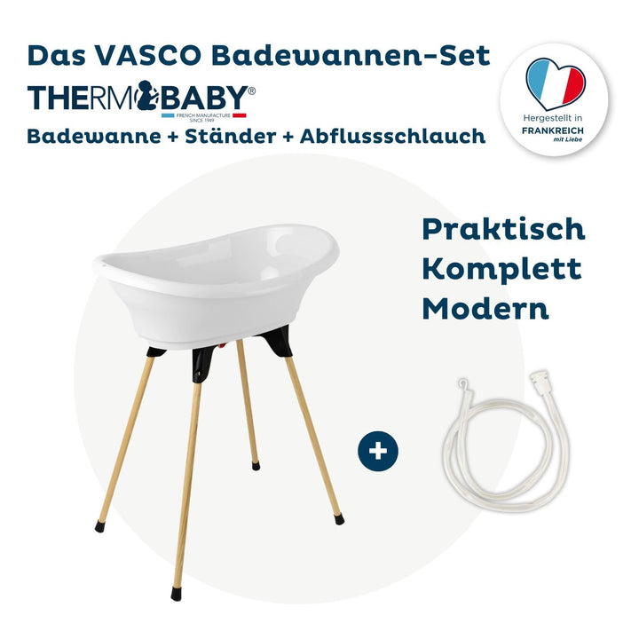 THERMOBABY - Babybadewanne-Set – Vasco – Badewanne, Fuss aus Holz & Ablaufschlauch – patentierte Inn