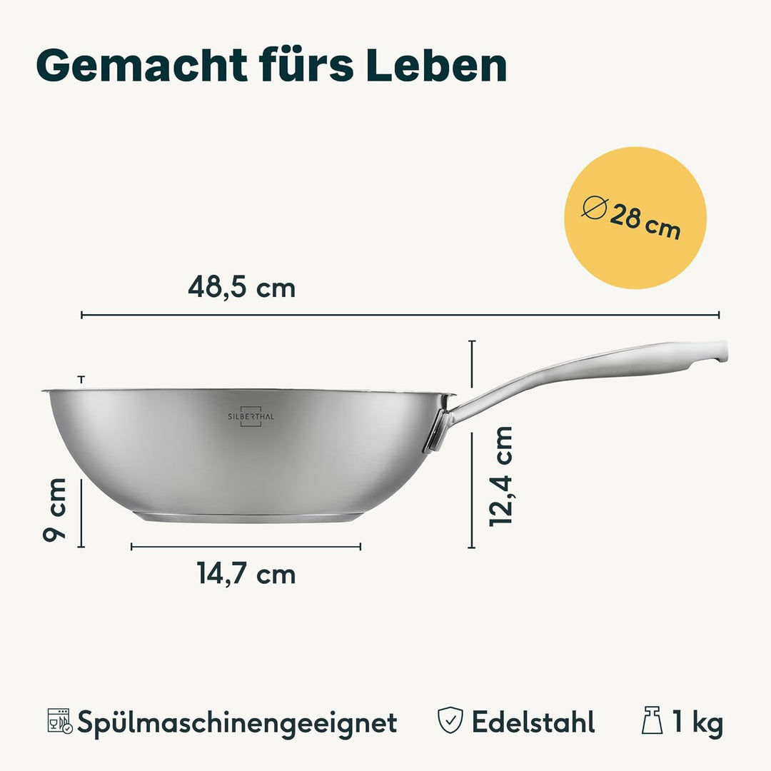 SILBERTHAL Wokpfanne Unbeschichtet Induktion 28 cm - Edelstahl Wok zum Frittieren und Braten- Für al