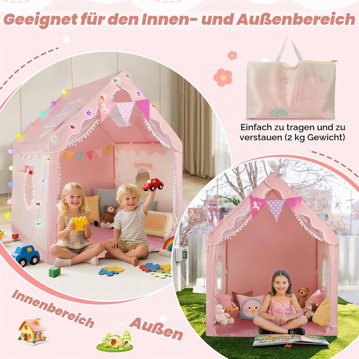 Kinder Spielzelt Hausform, mit LED Lichter &amp; Matte, innen &amp; aussen | Grosser Innenraum, reichhaltige