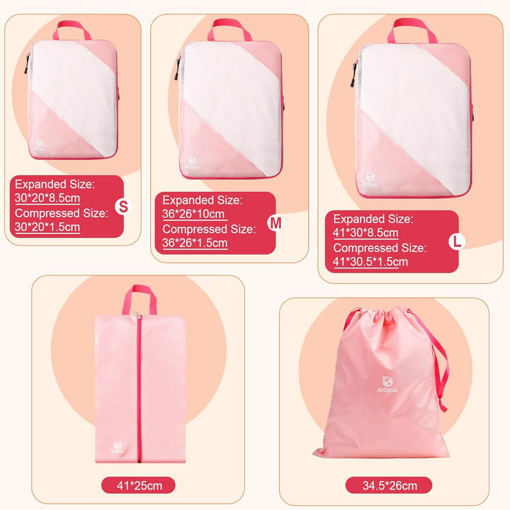 AiQInu Packing Cubes Compression, 5 Stück Packtaschen Kompression Koffer Organizer Set mit Wäschebeu