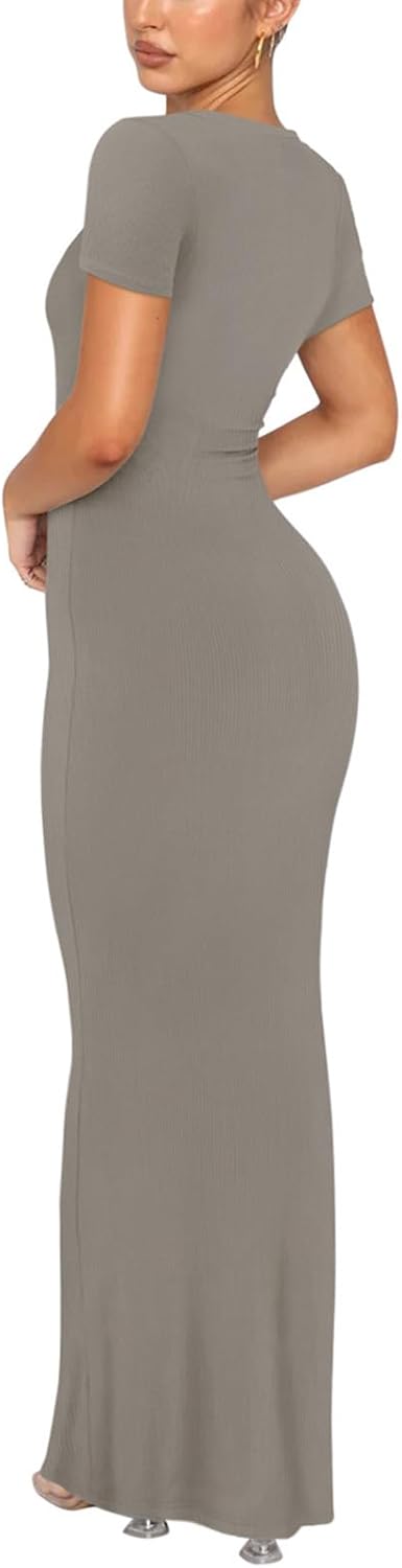 REORIA Damen Sommer Casual Lounge Langes Kleid Elegant Kurzarm Rundhalsausschnitt Figurbetontes Maxi