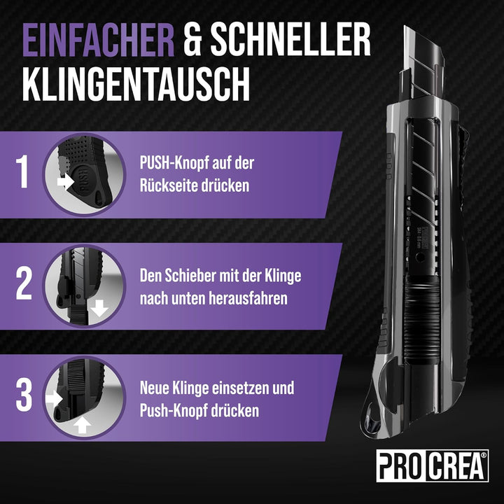 PROCREA® Premium 3er Cuttermesser & Klingen Set "Black Edition" [Extrem Robust & Ultrascharf] Das 18