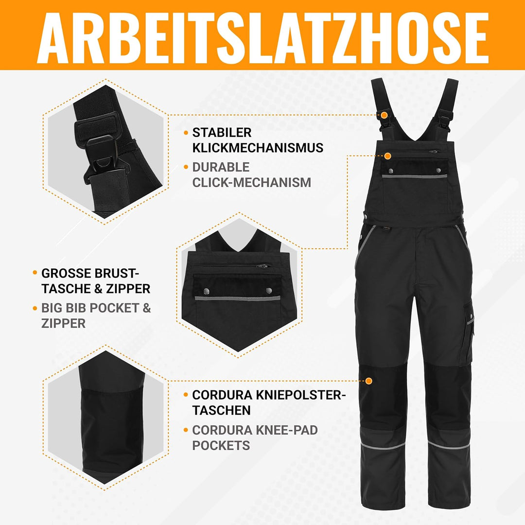 TMG® - Herren Latzhose für Mechaniker - strapazierfähig - Schwarz EU78