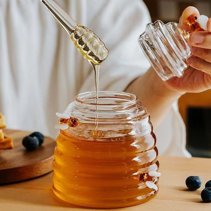 Honigglas aus Glas mit künstlerischen Bienen-Verzierungen und Glaslöffel, 450 ml
