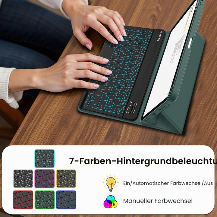 FINTIE Hülle mit Tastatur für iPad A16 11 Generation/10 Gen (11/10.9 Zoll, 2025/2022), 7-farbige Hin