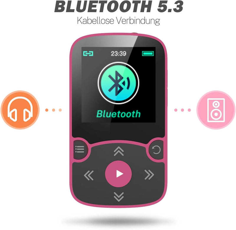 AGPTEK MP3 Player Bluetooth 5.3 Sport 64GB mit 1,5 Zoll TFT Farbbildschirm, Mini Musik Player mit Cl