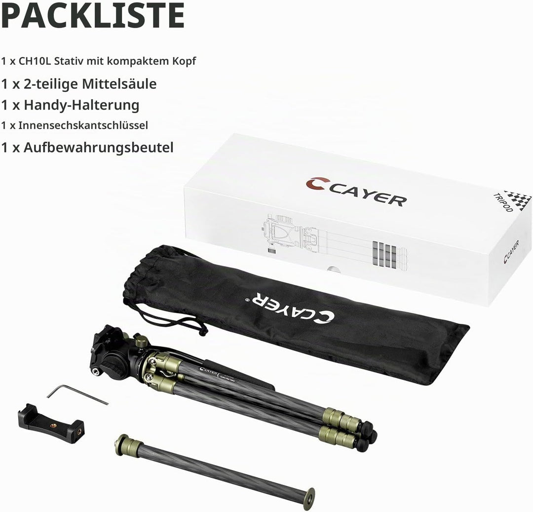 Cayer CH10L Carbon Fiber Stativ mit S1 Mini Fluid Kopf, 28" Kompaktes Tischstativ, Tischkamerastativ