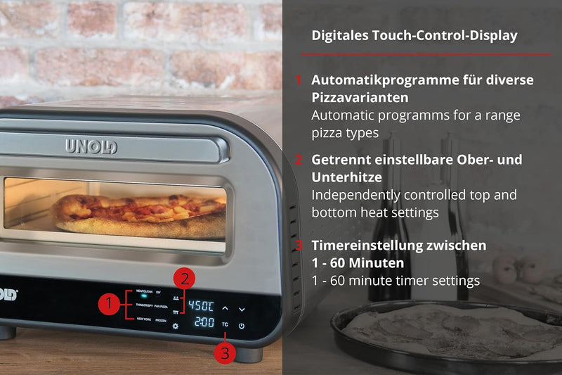 Unold Pizzaofen LUIGI 68816 | Elektrischer Pizza Ofen aus rostfreiem Edelstahl mit bis zu 400°C, nur