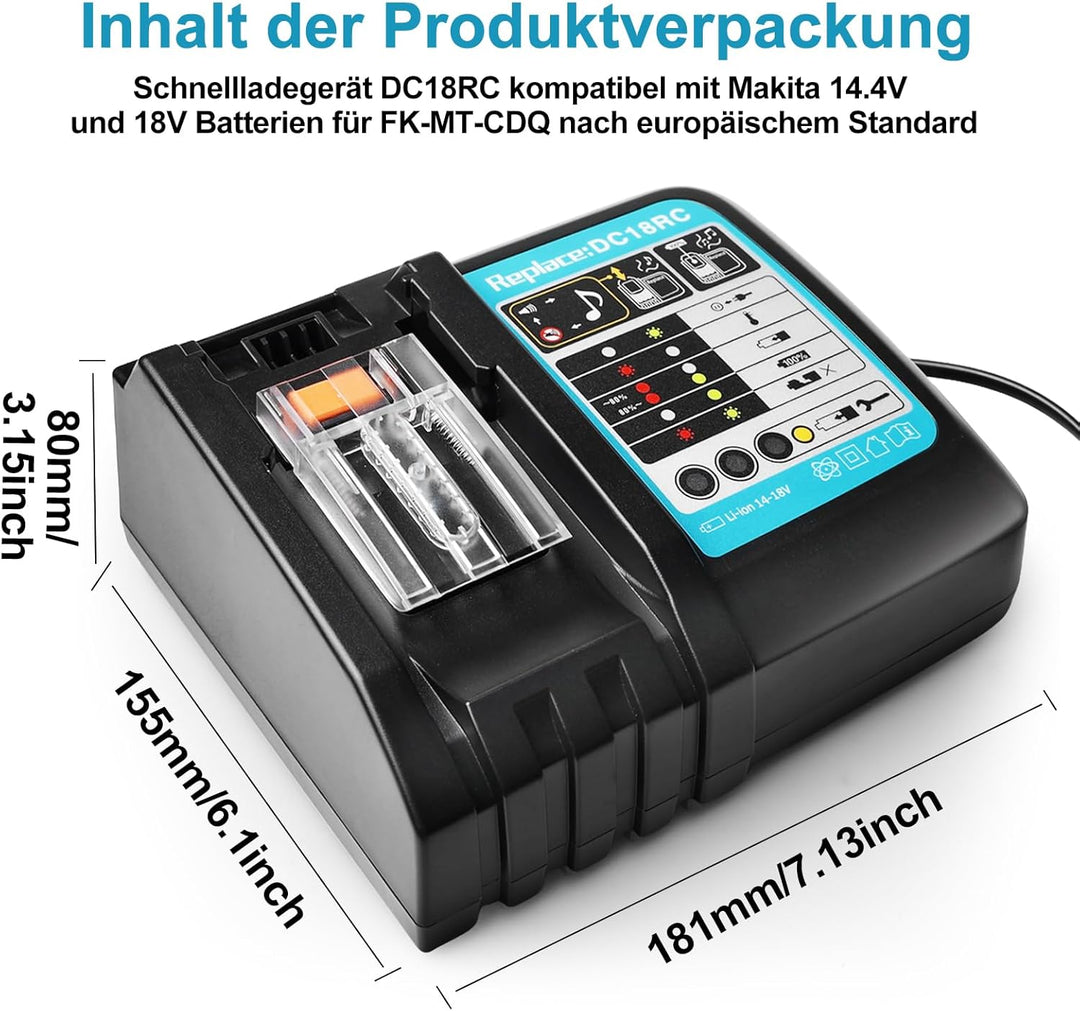 Akku 18v Ladegerät DC18RC Schnellladegerät Kompatibel mit Makita 14,4 Volt und 18 Volt Li-Ion Ersatz