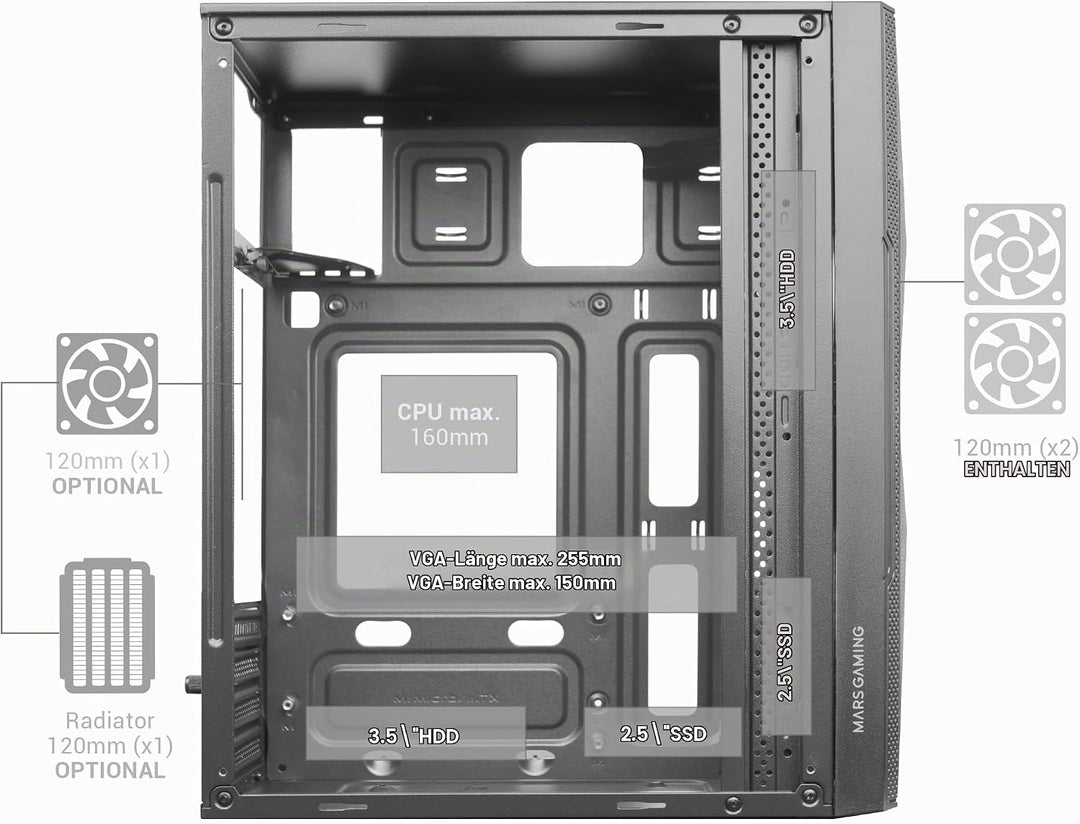 Mars Gaming MC-ME Weiss, Kompaktes MicroATX-Gaming-Gehäuse, Seitenfenster aus Gehärtetem Glas, Geome