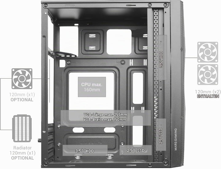 Mars Gaming MC-ME Weiss, Kompaktes MicroATX-Gaming-Gehäuse, Seitenfenster aus Gehärtetem Glas, Geome