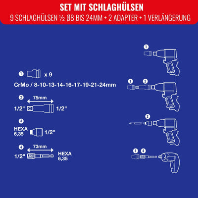 Set mit 12 Steckschlüsseln, 1/2" & Zubehör