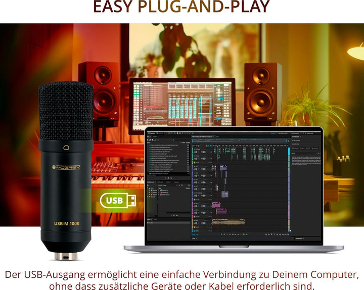 McGrey USB-M 1000 BK Podcast Kondensatormikrofon - Perfekt für Podcast, Streaming, Gaming - 14 mm-Ba