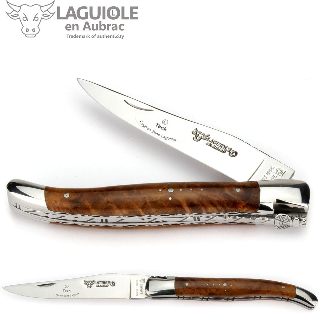 Laguiole en Aubrac Taschenmesser - Teak Maserknolle - 12 cm Doppelplatine - Klinge 10 cm und Backen