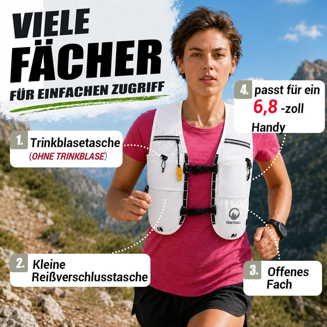 Laufweste Damen mit 500ml Trinkflasche/2L Trinkblase, Leichter Trinkrucksack Laufen Herren 6L, Runin