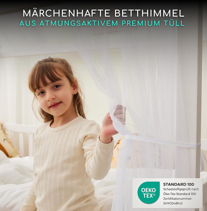 Gemütliches Hausbett Deko Set 3-TLG Hausbett Himmel, Ohne Lichterkette – 2X Betthimmel + Wimpelkette