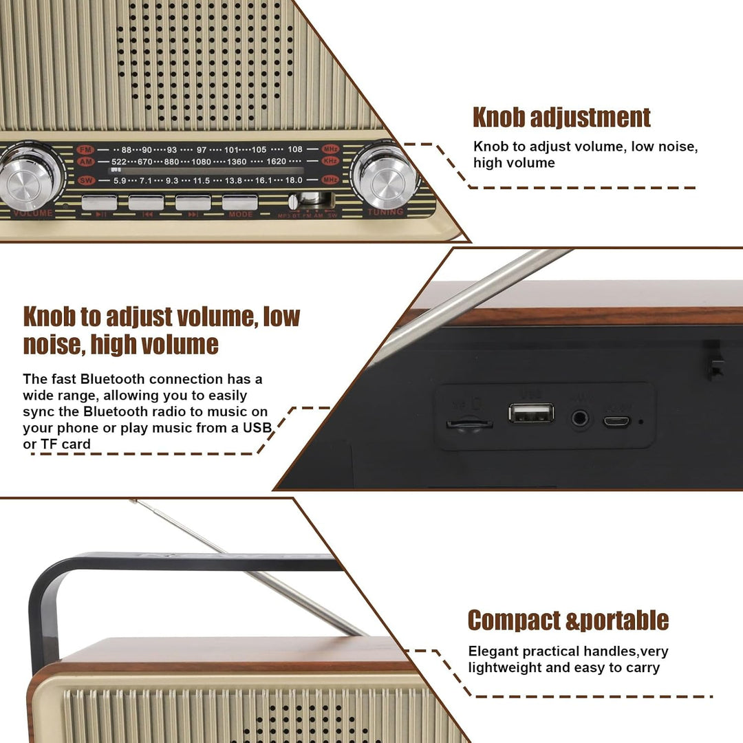 Retro Radio mit Bluetooth AM/FM/SW, Tragbares Nostalgie Kofferradio, Vintage Küchenradio mit USB/TF/