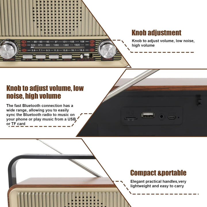 Retro Radio mit Bluetooth AM/FM/SW, Tragbares Nostalgie Kofferradio, Vintage Küchenradio mit USB/TF/