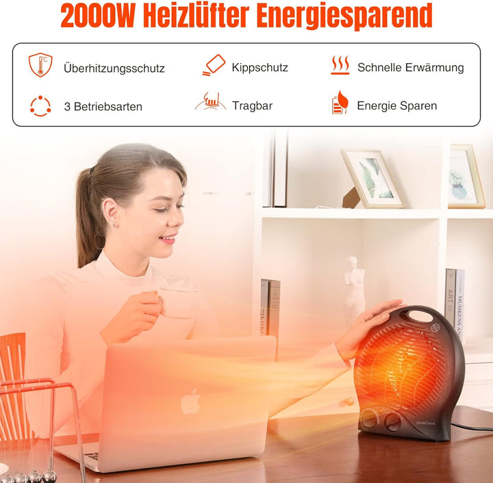 Heizlüfter Energiesparend mit Thermostat, 2000W Tragbare Elektroheizung mit 3 Heizstufen, Instaheat