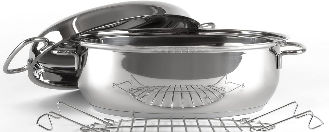 HWD Töpfe Pfannen Bräter mit Deckel für Induktion, 18/10 Edelstahl poliert, Deckel, Thermoknauf, Gar
