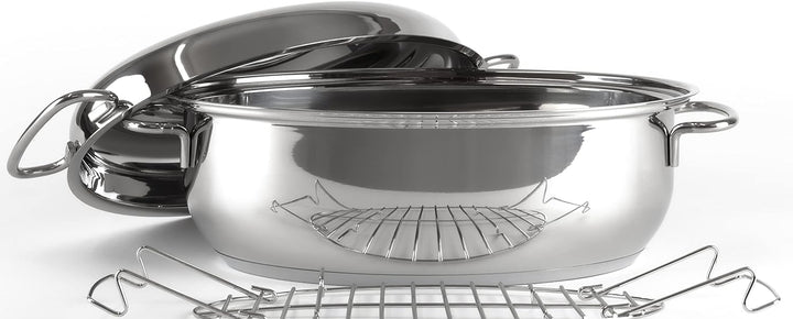 HWD Töpfe Pfannen Bräter mit Deckel für Induktion, 18/10 Edelstahl poliert, Deckel, Thermoknauf, Gar