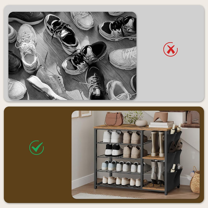 Schuhregal schmal und hoch, Schuhregal 5 Ebenen im Industriestil mit Seitentaschen, Holzoptik-Ablage