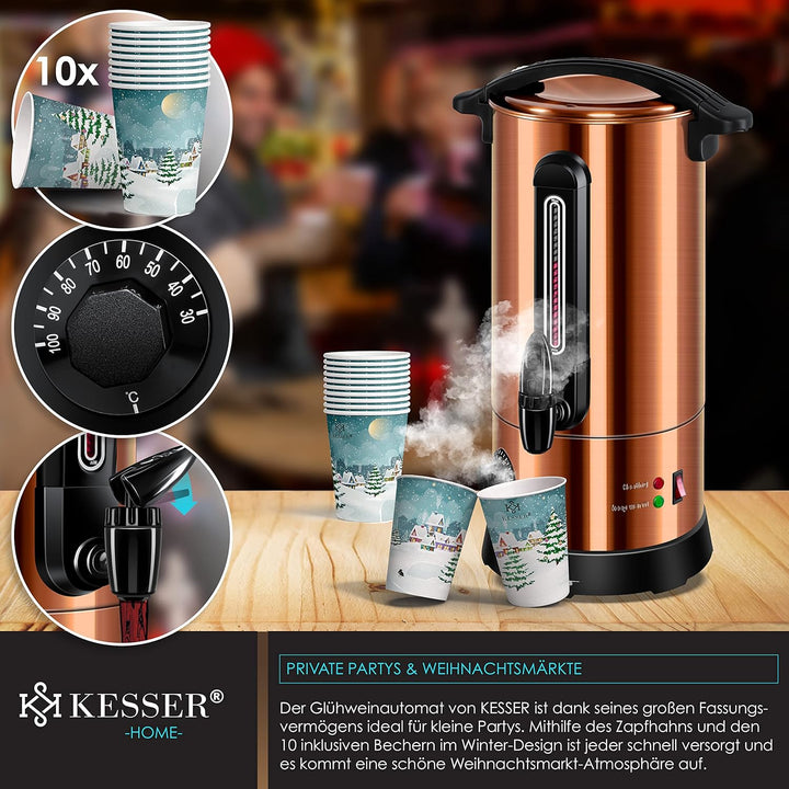 KESSER® Glühweinkessel 10L Edelstahl Inkl. 10x Becher Glühweinkocher mit Thermostat Glühweinautomat