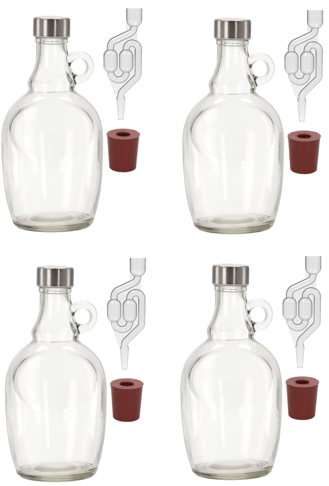 lilawelt24 4X 1L Gärballon mit rundem Griff Rundgriff Flasche +Gummistopfen + Gärröhrchen Set Set We