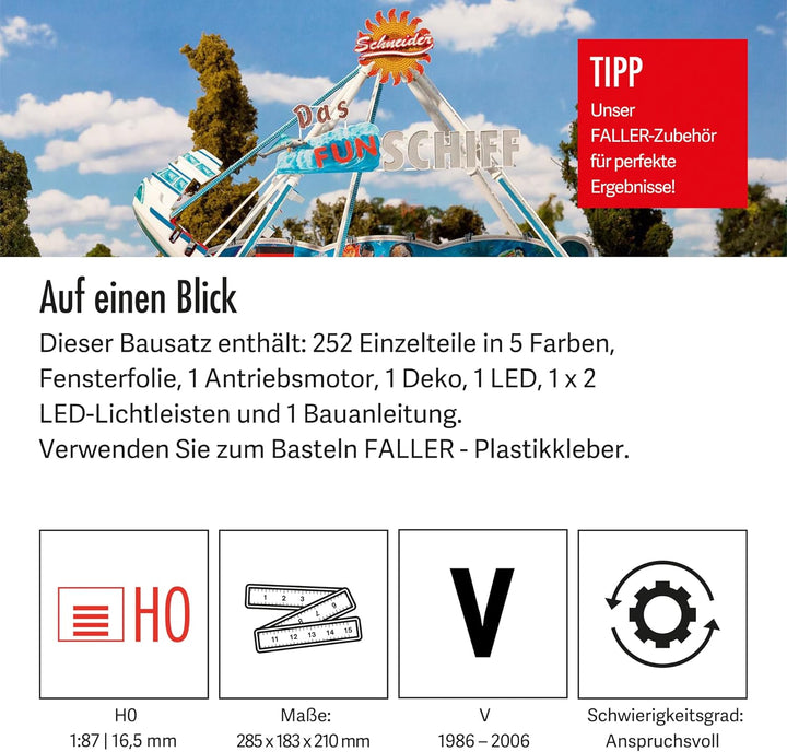 FALLER Fahrgeschäft FUN-Schiff Modellbausatz mit 252 Einzelteilen 285 x 183 x 210 mm I Modelleisenba