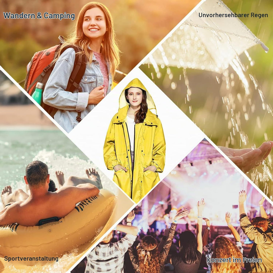 LAMA Stilvoller langer Regenmantel Unisex Regenponcho mit Wasserdichte Pattentasche Kapuze Tunnelzug