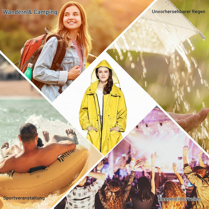 LAMA Stilvoller langer Regenmantel Unisex Regenponcho mit Wasserdichte Pattentasche Kapuze Tunnelzug