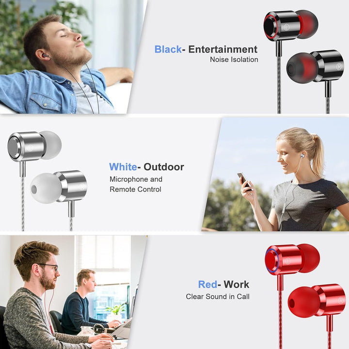 In Ear Kopfhörer mit Kabel, 3-er Set mit Mikrofon und Lautstärkeregler, Stereo, Leichte In-Ear Ohrhö