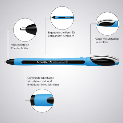 Schneider 150203 Slider Memo XB Kugelschreiber (mit Kappe, Strichstärke: XB) 10er Pack, blau, blau
