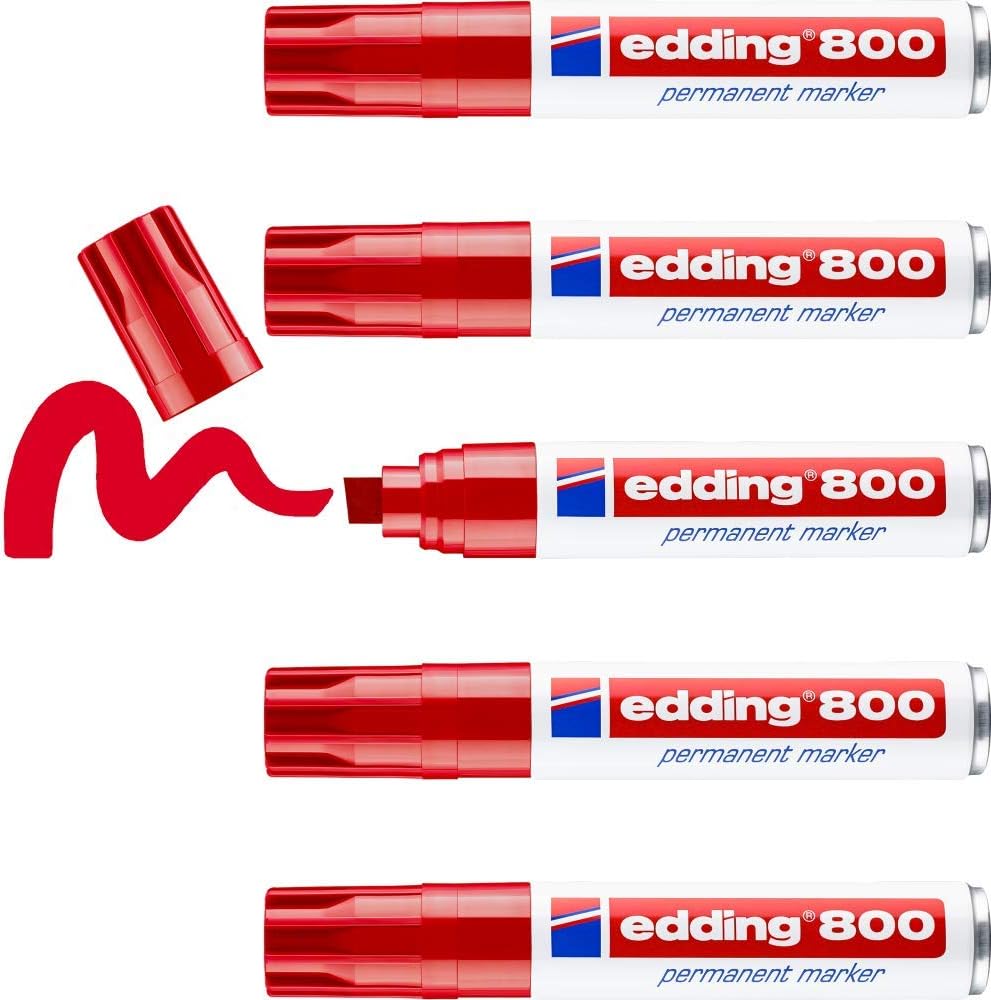 edding 800 Permanentmarker - rot - 5 Stifte - Keil-Spitze 4-12 mm - für breite Markierungen - wasser