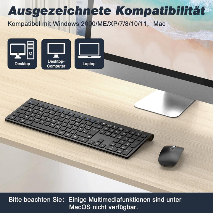 cimetech Tastatur Maus Set Kabellos, Ultra-Dünne Wiederaufladbare Kabellose Tastatur und Maus Ergono