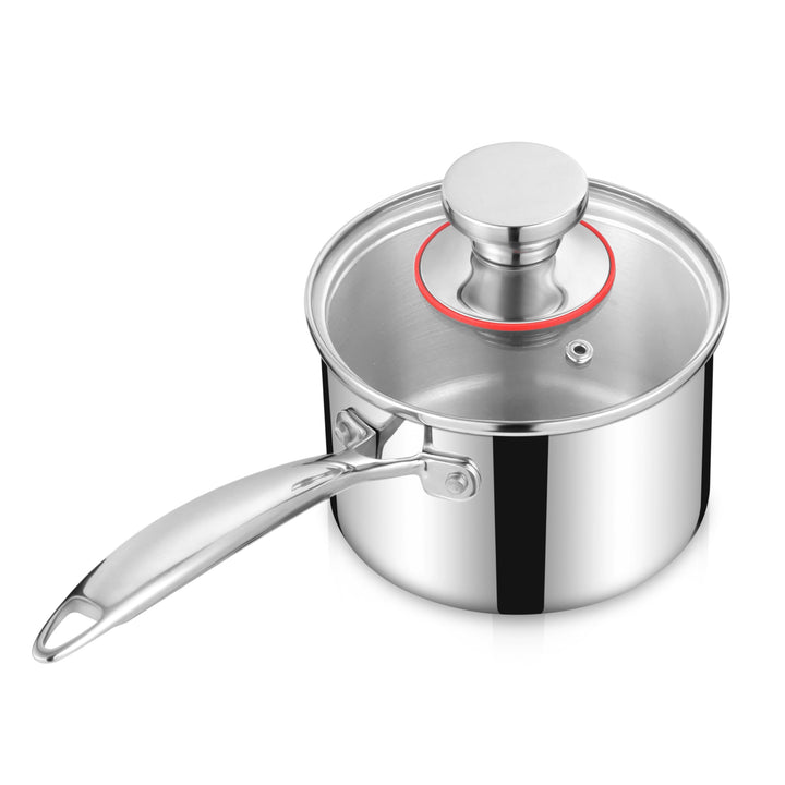 Homikit Stielkasserolle, 3-Lagen Edeastahl 14cm Kasserolle mit Glasdeckel, Klein Kochtopf Milchtopf
