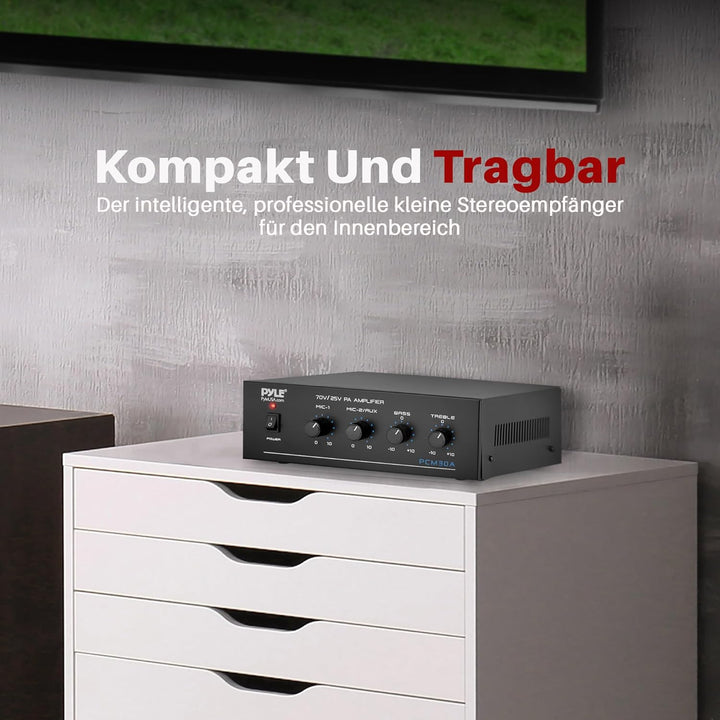 Pyle PA-Verstärker – 60W Bluetooth Amp mit 25/70V-Ausgang & 2 Mikrofoneingängen | Mit Bass-/Höhenreg
