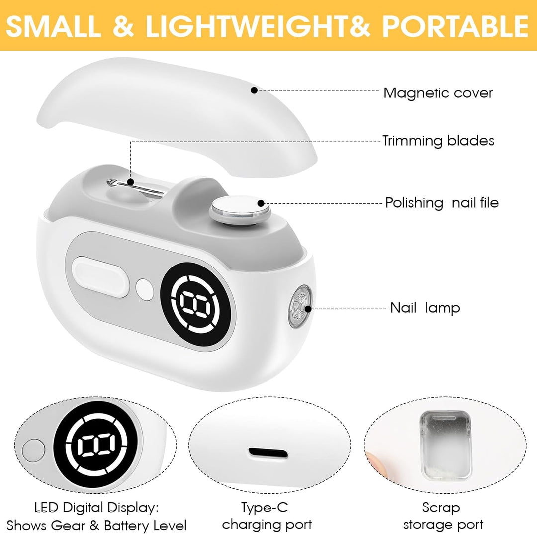4-in-1 Elektrischer Nagelknipser – Elektrischer Nageltrimmer mit LED-Licht,UV-Lampe und Aufbewahrung