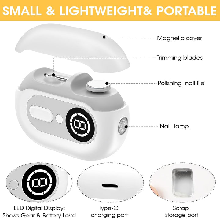 4-in-1 Elektrischer Nagelknipser – Elektrischer Nageltrimmer mit LED-Licht,UV-Lampe und Aufbewahrung