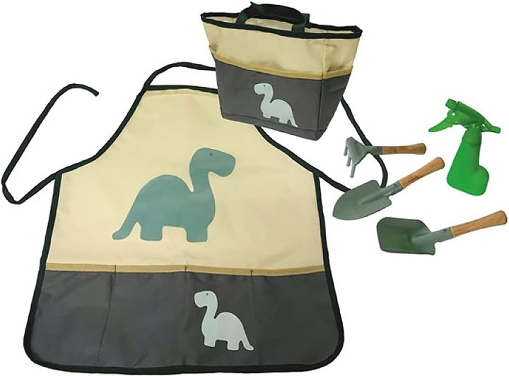 Krause & Sohn Schürze für Kinder inkl. Gartenwerkzeug 6-tlg. Gärtner-Set Hobbyschürze mit Dino-Motiv