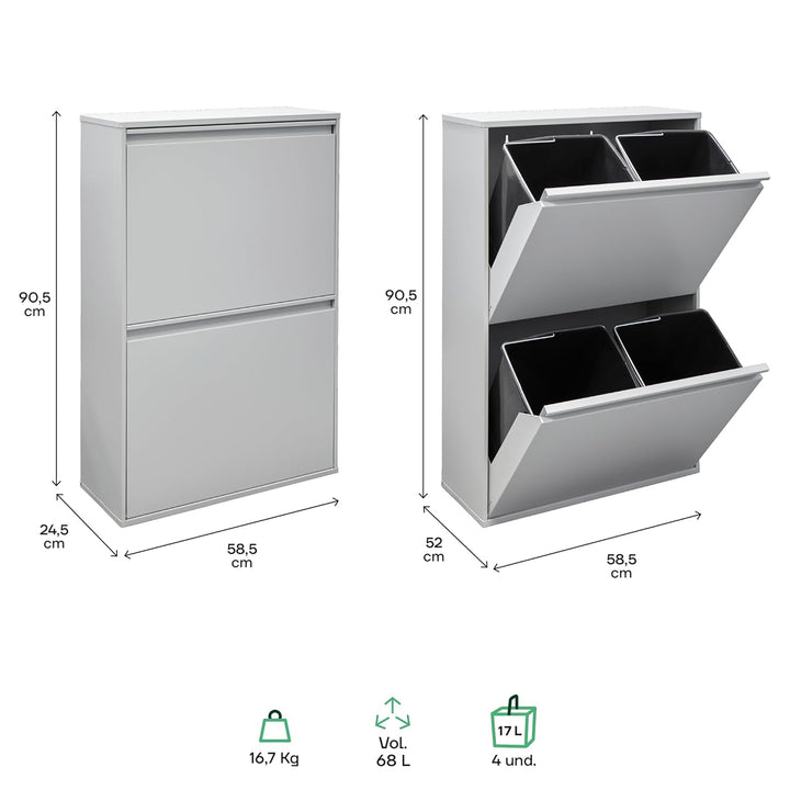 ARREGUI Basic CR602-B Mülltrennsystem aus Stahl | 4 Fächer Mülleimer für die Küche | 4 Fach Abfallei