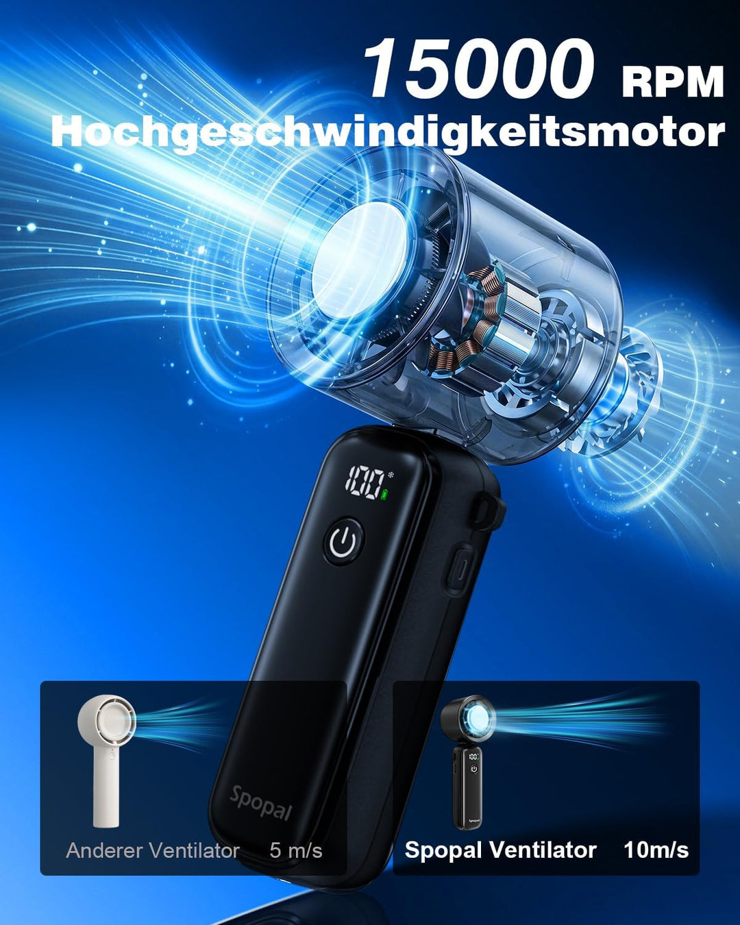 Spopal Handventilator mit Kühlmodus, Tragbarer Mini Ventilator, 15000 U/min | 3-IN-1 Hand/Schreibtis