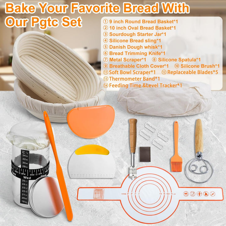 Gärkorb zum Brotbacken inkl.Komplettes Sauerteig-Starter-Set,10-Zoll ovales und 9-Zoll rundes Hefebr