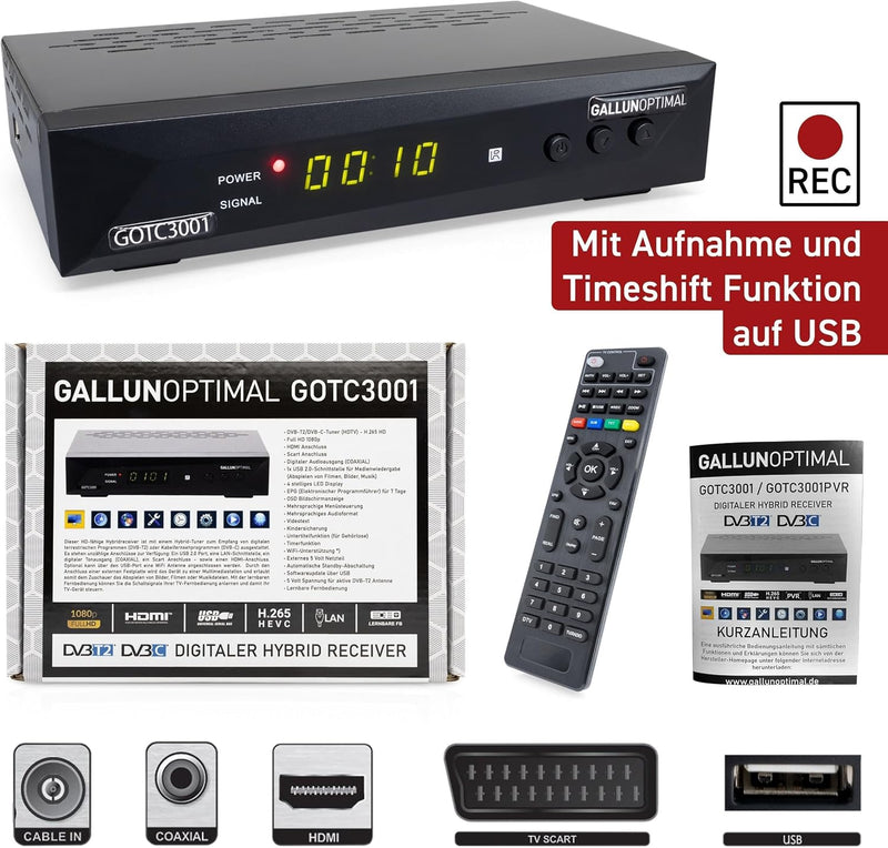 GALLUNOPTIMAL Combo-Receiver DVB-C & DVB-T2 H265 mit Auto Installation & Aufnahmefunktion geeignet f