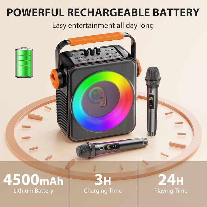 Karaoke Maschine mit 2 drahtlosen Mikrofones, Tragbaren Bluetooth 5.3 Karaoke Anlage Lautsprecher mi