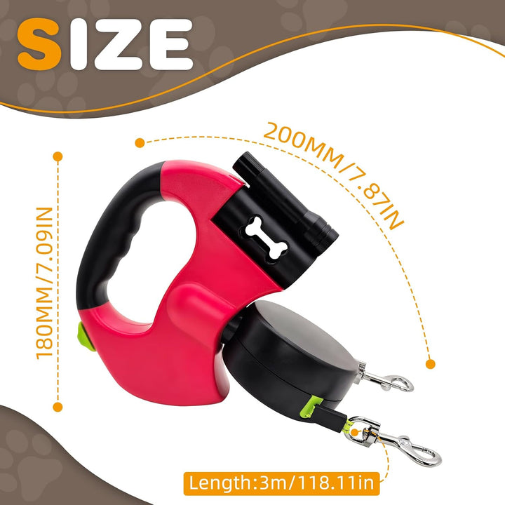Hundeleine für 2 Hunde, Automatisch Einziehbare Hunde Leine mit Taschenlampe und Taschenspender, Dop