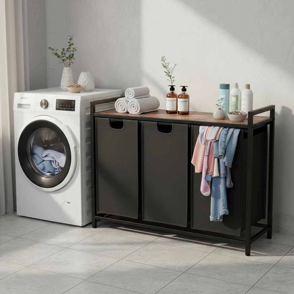 AMHANCIBLE Wäschekorb 3 Fächer 114L Braun, 114L Braun