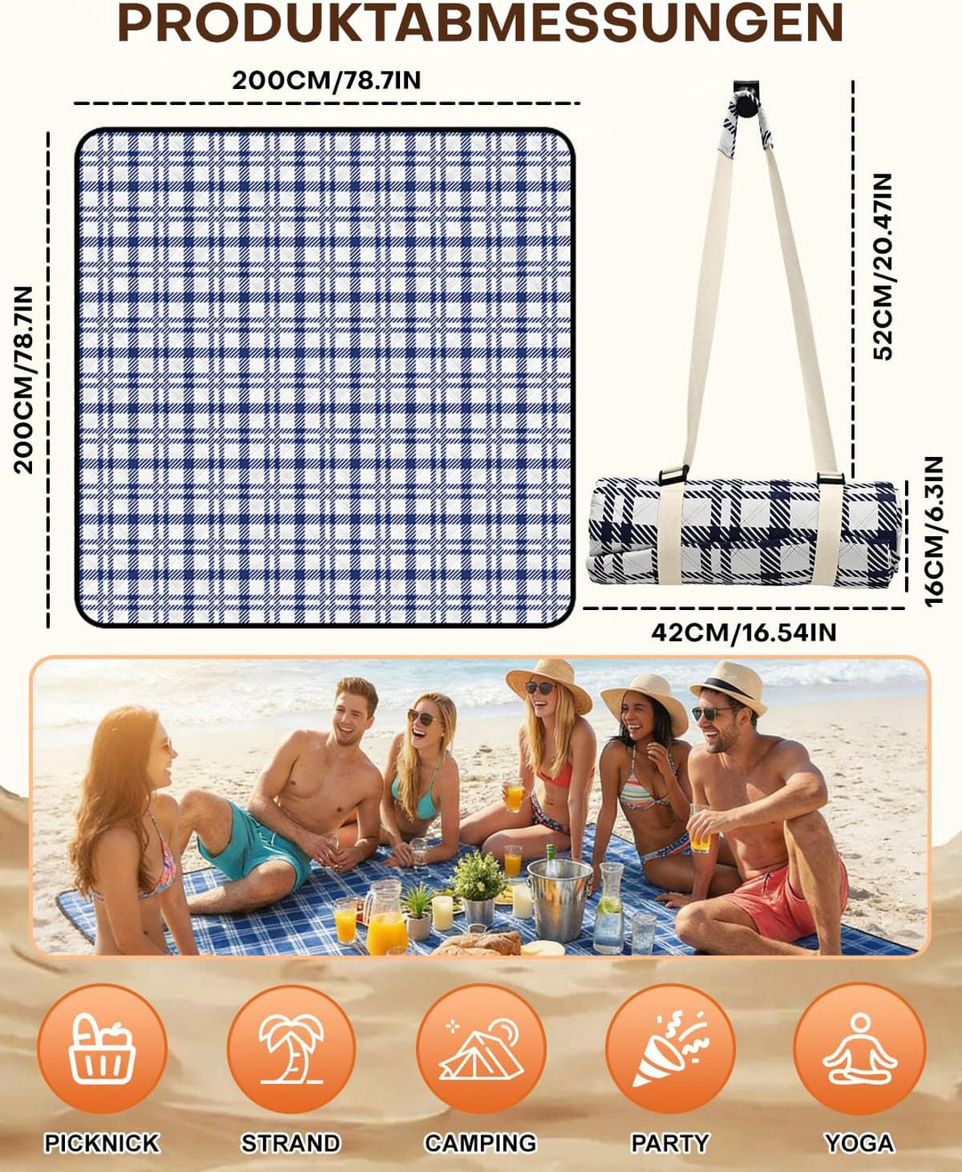 Picknickdecke 200x200 cm, Sandfest Stranddecke Wasserdicht Campingdecke, Waschbar Leichtgewicht mit