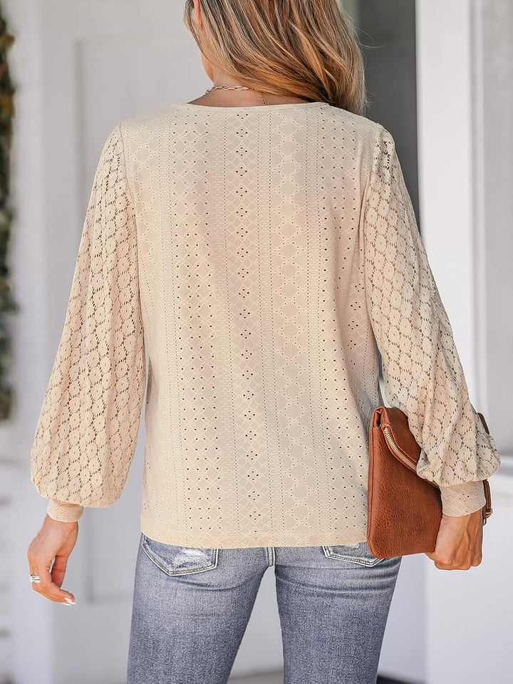 CUPSHE Damen Blusen V-Ausschnitt Spitzen Wellenkante Puffärmel Langarmshirt Lässige Lace Oberteile T