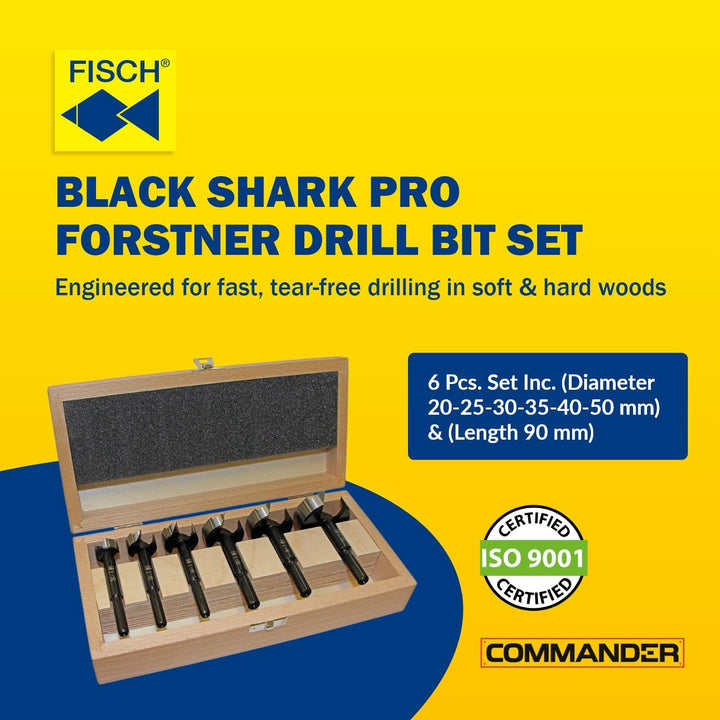 Black Shark Pro Forstnerbohrer Set 6 tlg., Ø 20-25-30-35-40-50 mm, Länge 90 mm, in einer Holzkassett